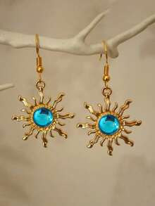 1 Pair Bohemian Style Baroque Sunflower Faux Jade Plated Gold Dangle Earrings, Elegant & Fashionable Earring Hooks - Sun - View 10