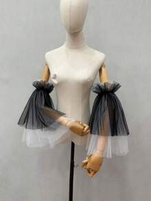1 Pair Black & White Mesh Colorblock Petal Sleeve Arm Covers, Elastic Long Bridal Sleeve Covers - Multicolor - View 2