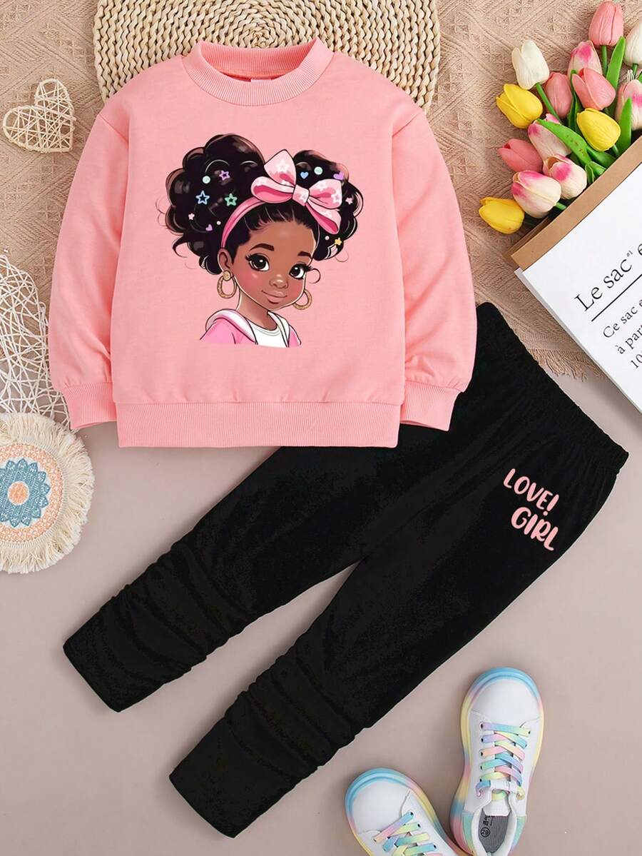 Conjunto de sudadera con cuello redondo y leggings con estampado de dibujos animados para niños pequeños
