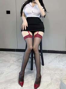 1 双性感吊带袜，女式透明蕾丝拼接撞色红色饰边不透明大腿袜，黑色紧身袜