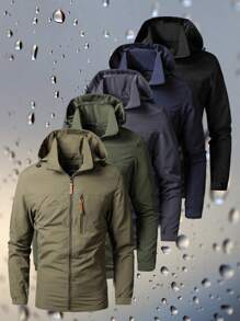 男士防风连帽夹克 - 防水，可拆卸帽子，休闲户外外套，带拉链口袋，尼龙材质，非常适合徒步旅行和休闲装 - 卡其色 - 查看 1