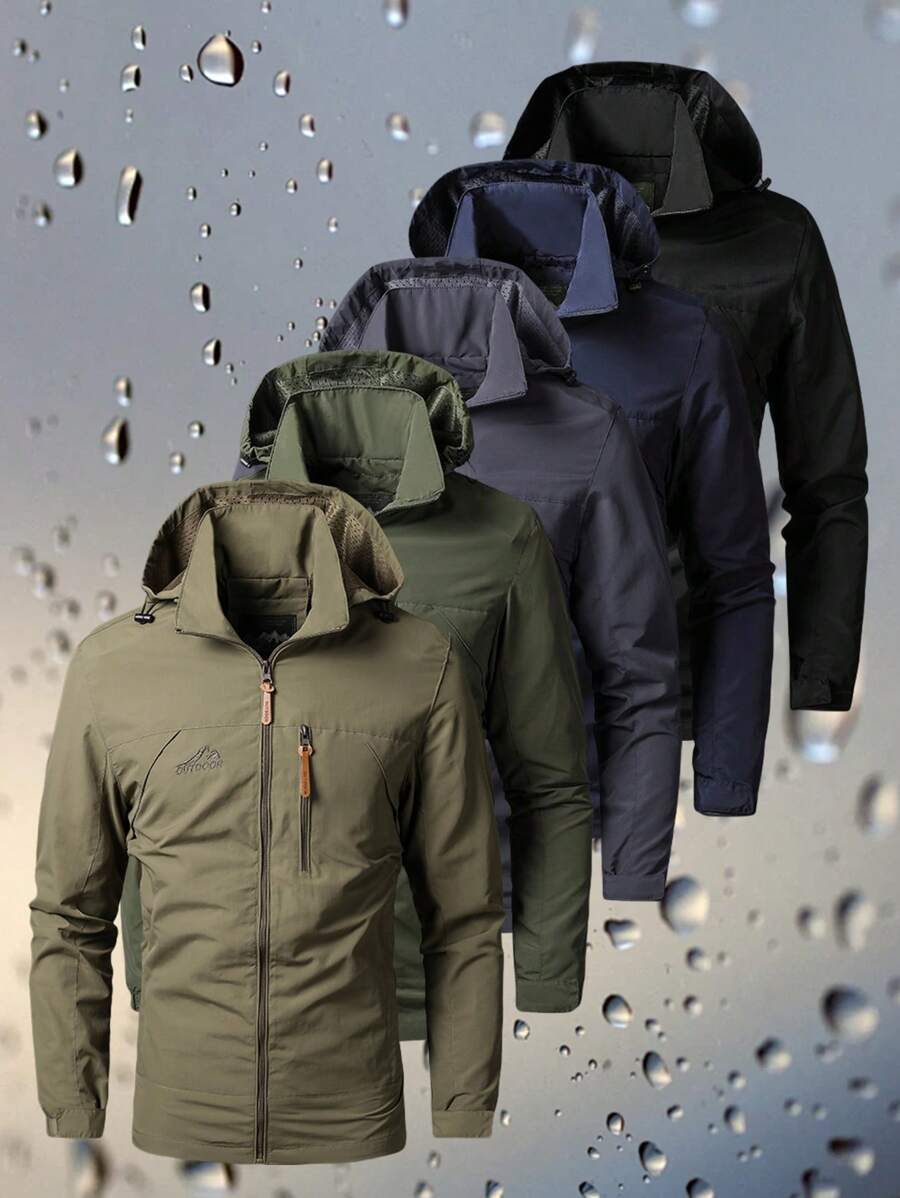 男士防风连帽夹克 - 防水，可拆卸帽子，休闲户外外套，带拉链口袋，尼龙材质，非常适合徒步旅行和休闲装 - 卡其色 - 查看 1