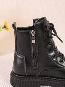 1 Pair Black Soft Faux Leather Boots For Teenagers & Youth, Round Toe Thick Sole Anti-Slip Comfortable Mid-Calf Boots With Front Lace-Up & Side Zipper, Suitable For Male & Female Students Casual, Travel, Autumn/Winter