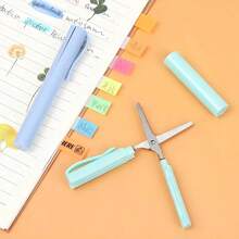 Pen Shaped Folding Scissors - Small Travel Scissors, Sewing Scissors, Creative Office Stationery Round Head Design Stainless Steel Scissors, Used For Unpacking, Paper Cuttings, Scrapbooks, Snack Slices, Fishing Hooks, Lead Slices, Cutting - Blue - View 4