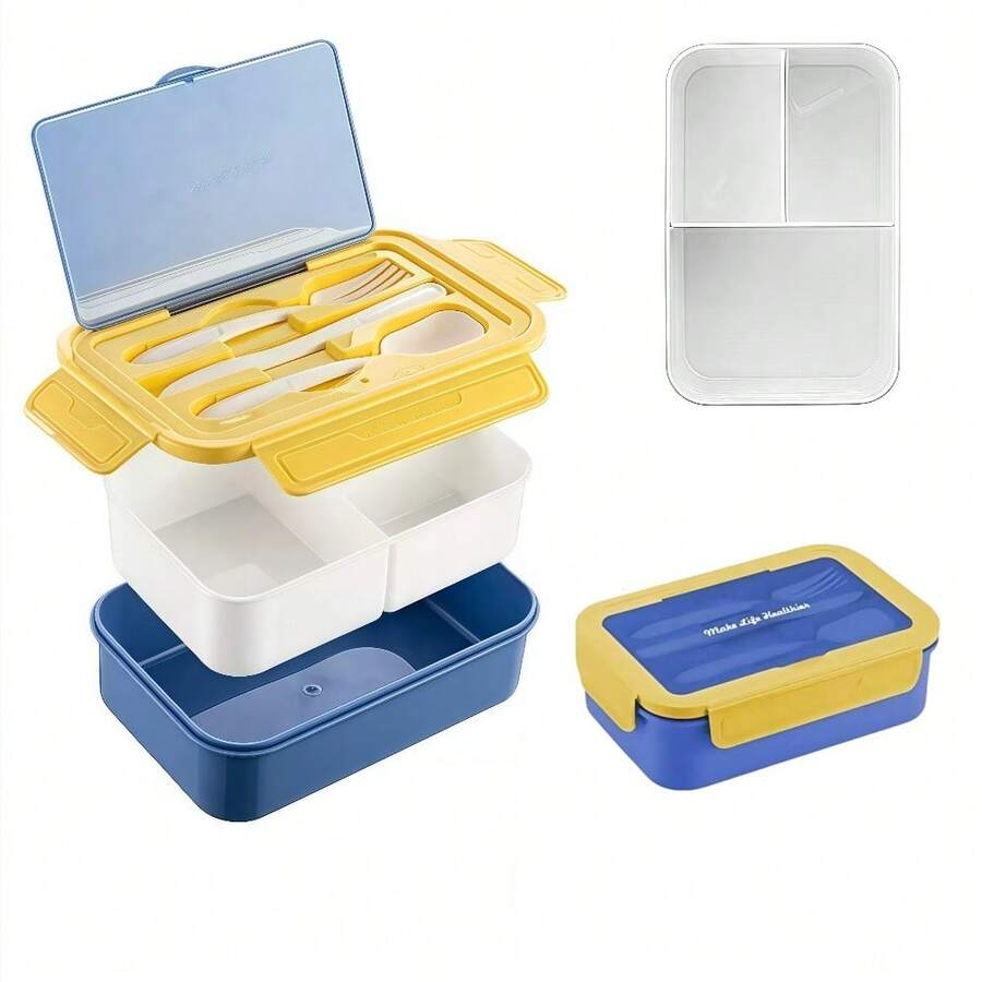 1pc Blue & Yellow Lunch Box, Lunch Box With Cutlery (Upgraded Detachable), 1400ml Child/Adult Bento Box With 3 Compartments, Microwave Friendly Lunch Box For Work, Picnic, Office, Food Storage, Camping, Back To School, Christmas Gift - Multicolor - View 1