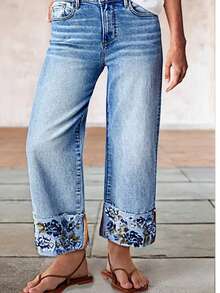 Women's Mid Rise Straight Leg Roll Hem Floral Embroidery Bohemian Denim Crop Jeans