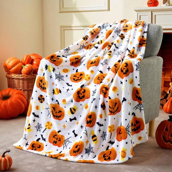 1 pieza Manta de Tiro de Halloween - Manta Suave y Esponjosa con Telarañas de Araña, Murciélagos y Calabazas - Decoración Blanca de Franela Acogedora de Halloween para Fiesta, Sofá, Cama y Sala de Estar