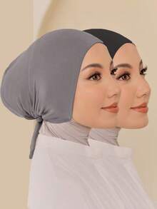 2pcs/Set Women's Scarf And Headcover Combo, Versatile Base Hijab, Matching Abaya, Elastic Beanie Cap & Chiffon Scarf Set, Casual Outfit - Dark Grey - View 5