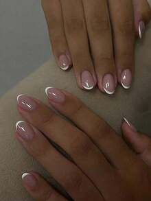 [Lowest Price In 30 Days]24Pcs French White Nails Short Press On Nails Oval Shape False Nails Simple Nails Nails Art Nail Supplies Nails - Multicolor 3 - View 6