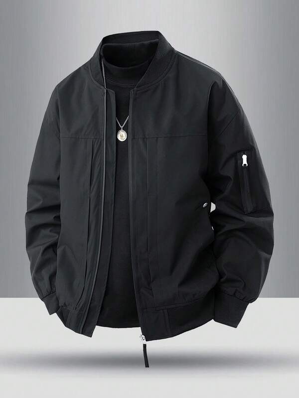 Chaqueta casual versátil para hombre con manga larga, cremallera decorativa, parches y cuello de béisbol, para primavera y otoño