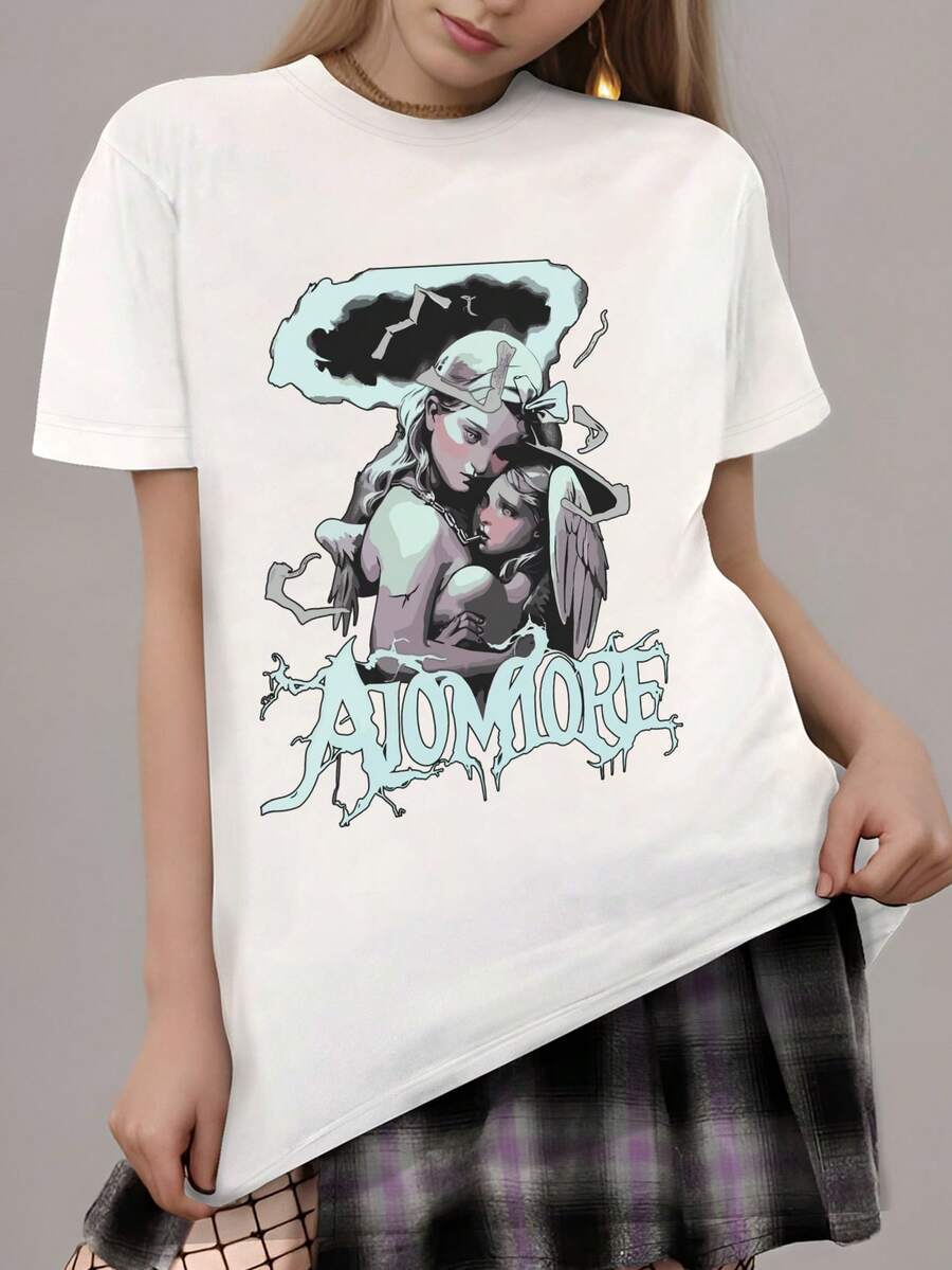 女士欧码纯棉T恤，哥特天使印花，休闲风格，宽松版型，夏季穿着，舒适透气，日常穿搭，独特设计 - 白色 - 查看 1