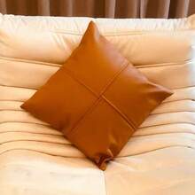 Solid Color Luxury Cross-Stitch Faux Leather Throw Pillow Cover, Vintage Christmas Style Home Decor Sofa Cushion With Zipper Closure, Suitable For All Seasons, Applicable To Car, Living Room And Bedroom - Brown - View 7