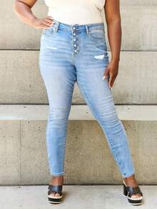 Plus Size  Jeans, Women's Plus Ripped Button Fly High Stretch Skinny Denim Pants - Light Blue - 查看 1
