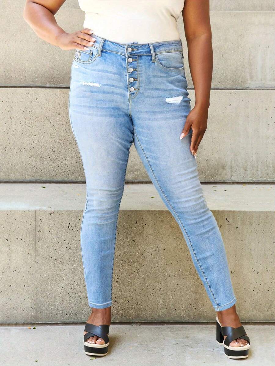 Plus Size  Jeans, Women's Plus Ripped Button Fly High Stretch Skinny Denim Pants - Light Blue - 查看 1