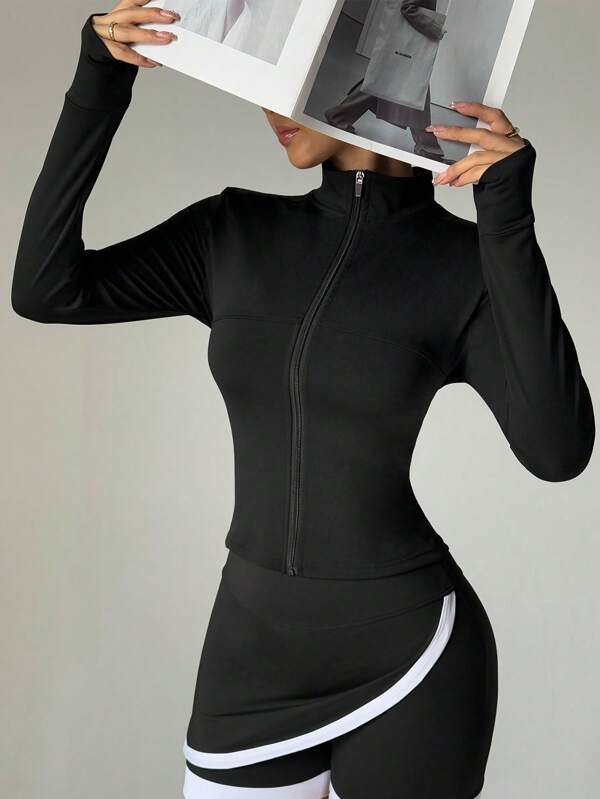 Women's Slimming Fitness Retro Style High-Quality Fabric Casual Wear Zippered Open With Elasticity Simple And Fashionable Sexy Tight Long-Sleeved Yoga Top Suitable For Fitness Training, Yoga, Running