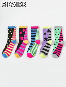 5 Pairs/Sets Of Women's Four Seasons European And American Style Star Stripes Contrast Color Pattern Combination Suitable For Daily Home, Outing, Fitness