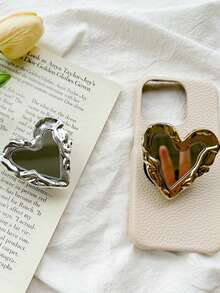 1 件心形镜面手机支架，电镀金属皱褶粘合可伸缩桌面支架，简约设计，兼容 、Android 手机，生日、家人、朋友礼物，推拉式手机握把手机配件 - 愛心鏡子 - 查看 6