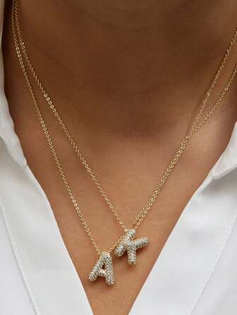 1 pieza Collar con colgante de letra de burbuja de circonita cúbica gruesa, 26 letras