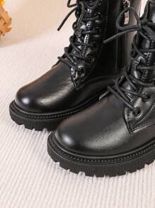 1 Pair Black Soft Faux Leather Boots For Teenagers & Youth, Round Toe Thick Sole Anti-Slip Comfortable Mid-Calf Boots With Front Lace-Up & Side Zipper, Suitable For Male & Female Students Casual, Travel, Autumn/Winter