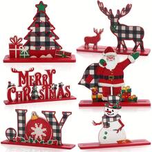 6pcs Christmas Snowman, Reindeer, Santa Claus, Red & Black Plaid Decorative Wooden Signs, Christmas Table Decor, Home Party Decoration - Red - View 1