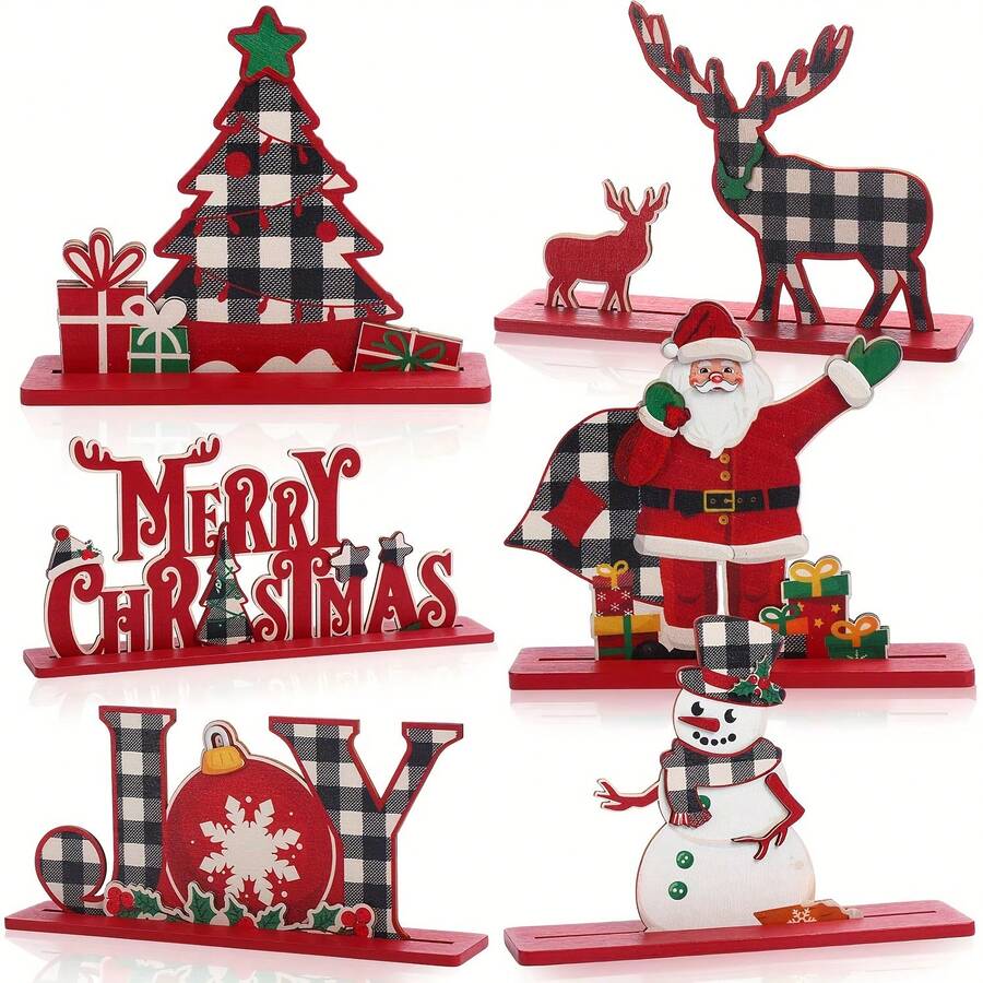 6pcs Christmas Snowman, Reindeer, Santa Claus, Red & Black Plaid Decorative Wooden Signs, Christmas Table Decor, Home Party Decoration - Red - View 1