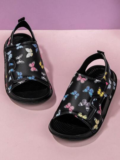 女童蝴蝶装饰防滑平底露趾时尚可爱舒适凉鞋，适合夏季