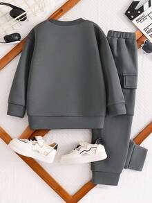 Toddler Letter Print Warm Crew Neck Sweatshirt And Pants Set - Grey - View 2