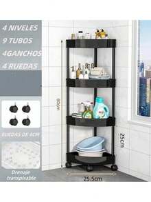 Estante Esquinero Triangular de 4 Niveles – Ahorra Espacio, Ideal para Baños, Cocinas y Sala, 80 cm de Alto x 18 cm de Lado, Plástico - Negro - Ver 2