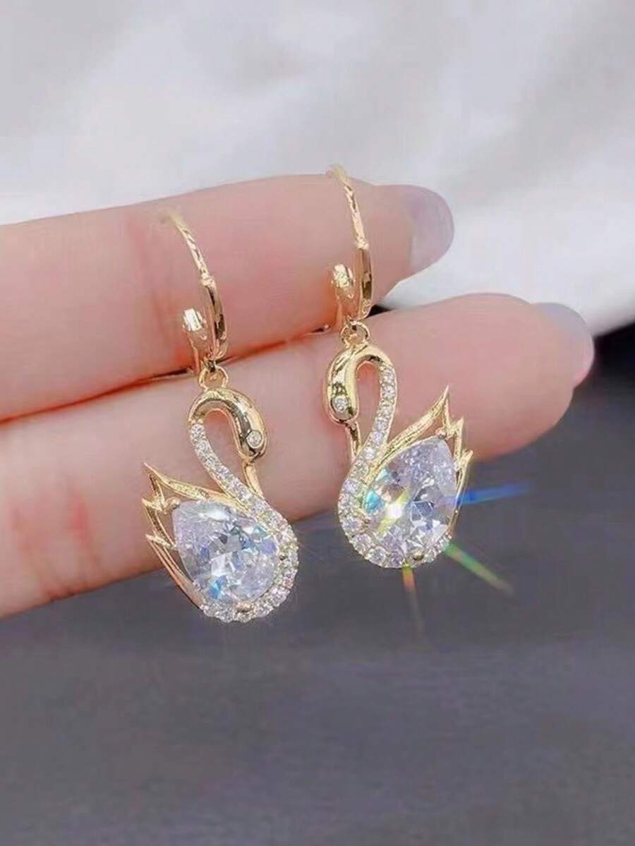 1 对天鹅水钻耳环，独特设计，优雅奢华水钻天鹅吊坠耳环，时尚高端动物耳环批发 - 均碼 - 查看 1