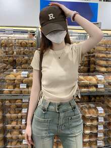 女式纯色收腰褶饰日常夏季短袖针织上衣 - 杏色 - 查看 7