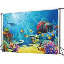 1 pieza Tela de fondo plano 2D, 1 pieza Fondo de mundo submarino, Cortina de ducha con tema submarino, Decoración de mesa de pastel de fiesta, Decoración de dormitorio, Decoración de sala de estudio, Fondo de fiesta de cumpleaños