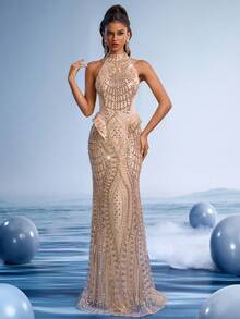 GIFORU Elegant Silver Sequin Prom Dress Halter Mermaid Gown Gold Beaded Wedding Dresses For Bride Women Sparkly Long Graduation New Year Party Dress - Khaki - View 11