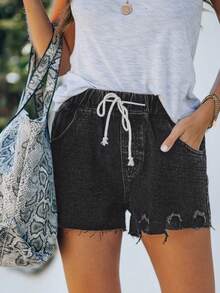 Quần short denim màu xanh nhạt gợi cảm dành cho nữ, có dây rút co giãn ở eo và gấu quần cắt thô, hoàn hảo cho những dịp thường ngày trong thời tiết ấm áp. - màu đen - Xem 3