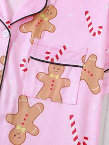 2pcs Christmas Cookie & Candy Print Pajama Set For Women, Comfortable Lapel Button Short Sleeve Top And Elastic Waist Shorts, Casual Outdoor & Homewear