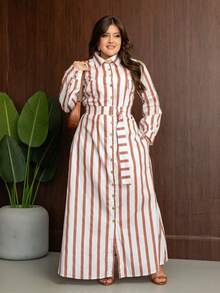 Striped Tricoline Chamise Dress | Women's Cotton Dress | Long Casual Button Dress | Chamise With Belt And Pockets - 鏽棕色 - 查看 1