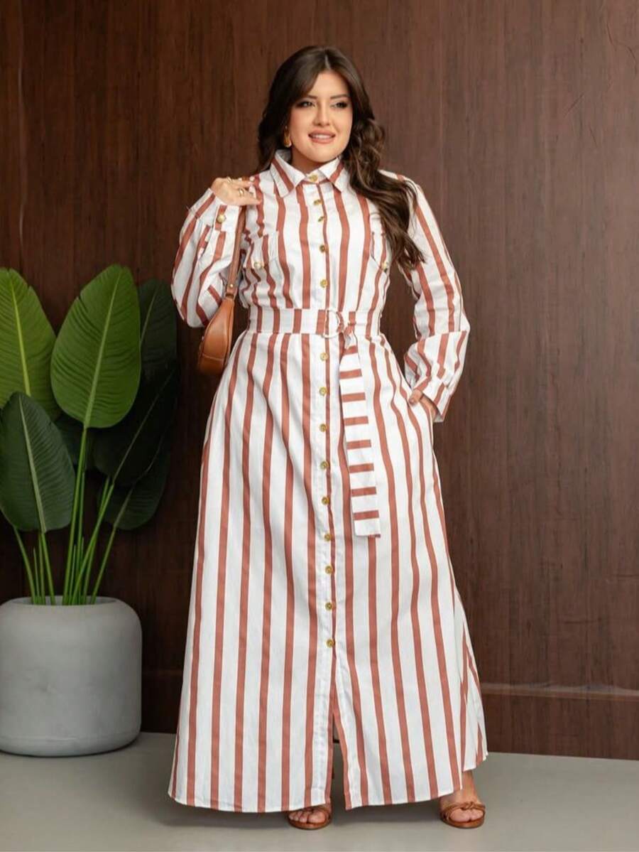 Striped Tricoline Chamise Dress | Women's Cotton Dress | Long Casual Button Dress | Chamise With Belt And Pockets - 鏽棕色 - 查看 1