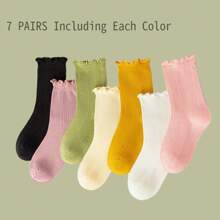 1/2/3/7 双随机儿童纯色木褶边袜子，春夏秋季糖果色蕾丝袜，女童袜子，舒适柔软，网眼透气，运动时尚中筒儿童袜子，适合日常穿着