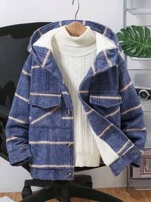 男童格子连帽休闲夹克，冬季 - 藍色 - 查看 1