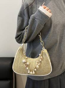 时尚金属链条手柄花卉面料包，休闲新月形草编贝壳链条单肩包，女士手提包
