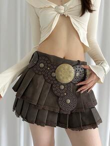 1 件女士 PU 摩卡棕色西部镂空金属索环圆形腰带秋季、秋季、万圣节 - 摩卡棕 - 查看 2