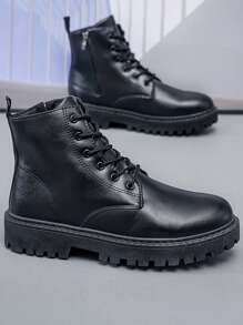 Botas de cano alto masculinas, botas de trabalho estilo motociclista, sola de borracha antiderrapante, cabedal de couro premium, calçados casuais quentes e versáteis para outono/inverno, calçados urbanos para deslocamento e ciclismo