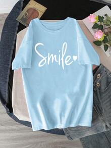 Smiling Letter Print Round Neck Casual Short Sleeve T-Shirt, Soft And Comfortable For Spring/Summer Wear - Baby Blue - View 2