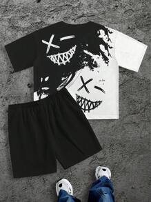 3D Digital Print Two Pieces Set For Men, Street Style Colorblock, Casual Breathable Graphic Pattern, Plus Size T-Shirt & Shorts Set, Summer, Cozy Outfits - Black - View 2