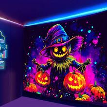 2D 单件夜光南瓜挂毯 - UV 反应荧光墙饰，带有异想天开的女巫帽设计，大号桃色和米色面料，适用于万圣节派对装饰、卧室和客厅墙壁艺术（无需安装）、万圣节家居装饰、节日房间装饰、几何图案装饰、高品质印刷、设计师内饰 - 1PCS - 查看 5