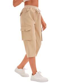 2025 年夏季女士时尚实用七分裤，带松紧腰带和口袋，休闲街头服饰