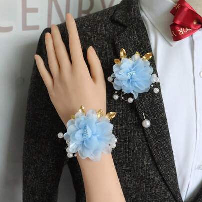 2 sztuki/zestaw z niebieskiej róży gipsówki na nadgarstek + butonierka, odpowiednie dla pana młodego, panny młodej, ojca, matki, dziadków, dekoracja ślubna, bal maturalny, dekoracja na powrót do domu