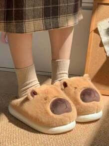1 双男女款可爱卡通保暖厚底一脚蹬拖鞋，适合秋冬季