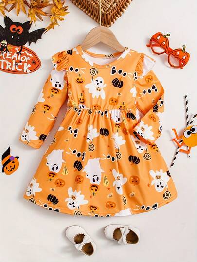Young Girls' Halloween Cute Ghost & Pumpkin Print Dress, Suitable For Party Gift