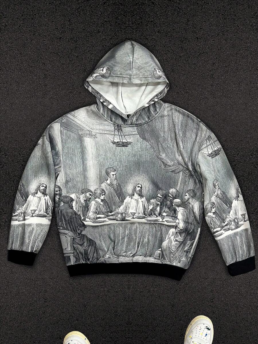 The Last Supper Printed Casual Long Sleeve Hoodie Sweatshirt For Men, Autumn/Winter - Grey - View 1