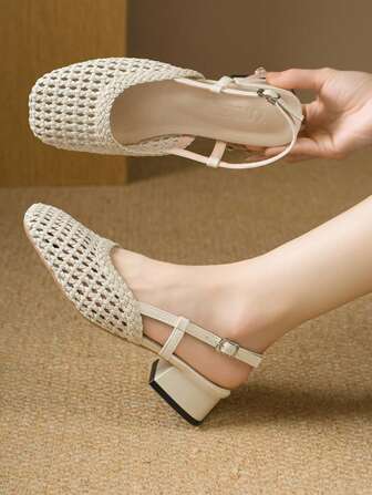 Sandalias de mujer con punta cuadrada tejidas para otoño/invierno, elegantes tacones gruesos con lazo beige, zapatos de fiesta al aire libre con hebilla y calados, elegantes, zapatos de ballet